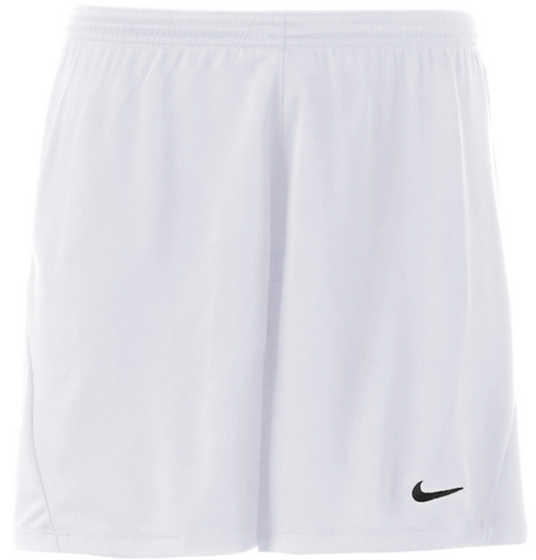 White Nike athletic shorts featuring an elastic waistband and a small black swoosh logo on the lower right leg.