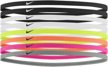 Nike Skinny Headbands 8 pack featuring a vertical stack of eight thin elastic headbands in assorted colors including black, white, neon yellow, orange, pink, and grey, each with a signature Nike swoosh logo.