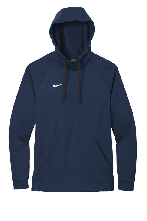 A navy blue Nike Dri-FIT hoodie featuring a white swoosh logo on the left chest, adjustable drawstrings, and a front pouch pocket.