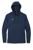 A navy blue Nike Dri-FIT hoodie featuring a white swoosh logo on the left chest, adjustable drawstrings, and a front pouch pocket.