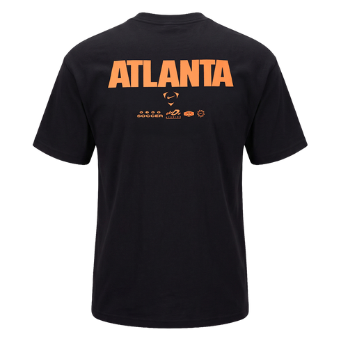 Rear view of a black Nike t-shirt with large orange "ATLANTA" text and smaller brand logos on the upper back.