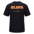 Rear view of a black Nike t-shirt with large orange "ATLANTA" text and smaller brand logos on the upper back.