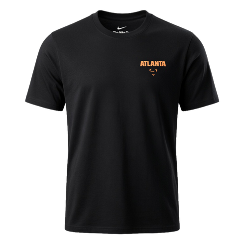 A black short-sleeved Nike t-shirt with orange text reading "ATLANTA" and a small swoosh logo on the left chest.