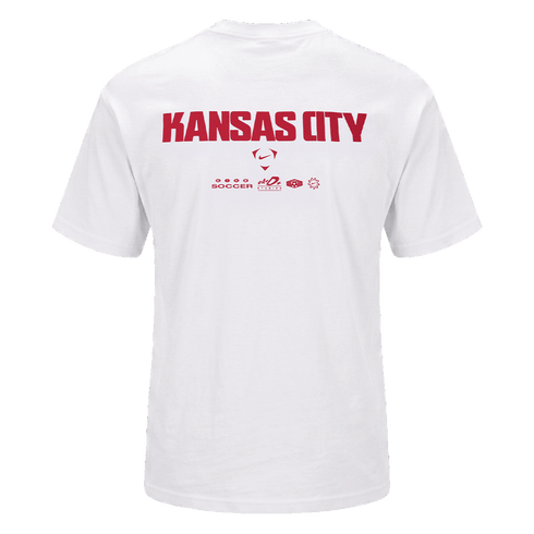 Back view of a white Nike t-shirt with "KANSAS CITY" and small sports logos printed in red on the upper back.