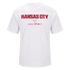Back view of a white Nike t-shirt with "KANSAS CITY" and small sports logos printed in red on the upper back.