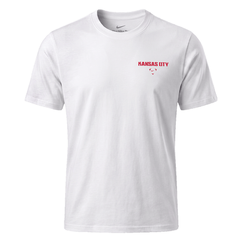 A white Nike short-sleeve t-shirt with "KANSAS CITY" and a red arrowhead logo printed on the upper left chest.