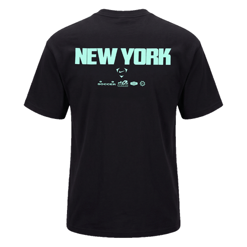 Back view of a black short-sleeve t-shirt featuring "NEW YORK" in large mint green block letters above smaller Nike Soccer logos.