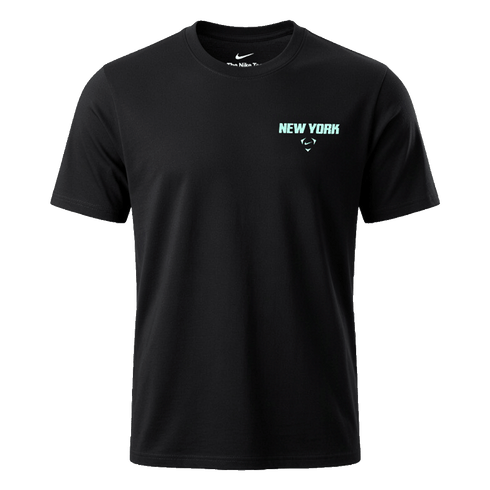 Black Nike short-sleeve t-shirt with light teal "NEW YORK" text and a small logo on the chest.