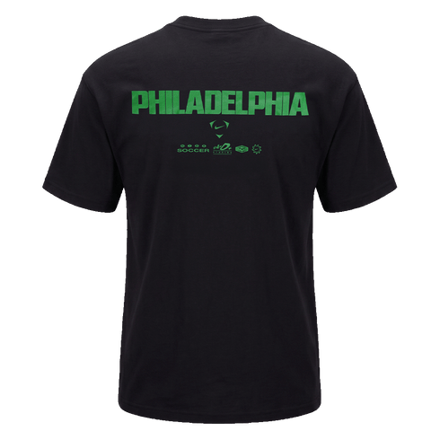 Back of a black t-shirt featuring "PHILADELPHIA" in large green block lettering above several smaller green Nike Soccer logos.