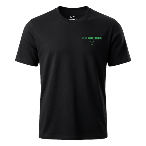 A black short-sleeve Nike t-shirt with the word "PHILADELPHIA" and a small graphic logo printed in green on the upper chest.