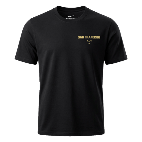 A black crew neck t-shirt featuring "SAN FRANCISCO" and a small logo printed in gold on the left chest.