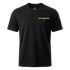 A black crew neck t-shirt featuring "SAN FRANCISCO" and a small logo printed in gold on the left chest.