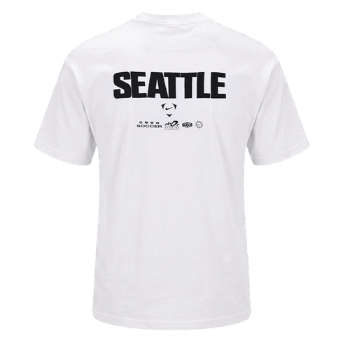 The back of a white t-shirt featuring "SEATTLE" in large black letters above smaller brand logos, including Nike Soccer.