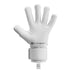 All-white Elite Sport goalkeeper glove, palm view with fingers spread. Features a wide wrist strap and brand logo at the base.