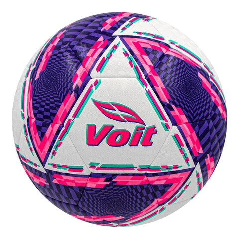 A white soccer ball featuring vibrant pink, purple, and teal geometric designs. The "Voit" brand name is prominently displayed in pink on a central panel.