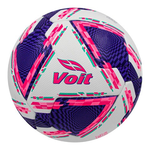 White Voit soccer ball with vibrant pink, purple, and green geometric patterns and a glitch-art checkered design.