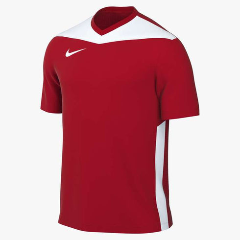 Red Nike short-sleeved soccer jersey with white accents, featuring a swoosh logo, chevron-shaped shoulder panels, and vertical side stripes.