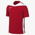 Red Nike short-sleeved soccer jersey with white accents, featuring a swoosh logo, chevron-shaped shoulder panels, and vertical side stripes.