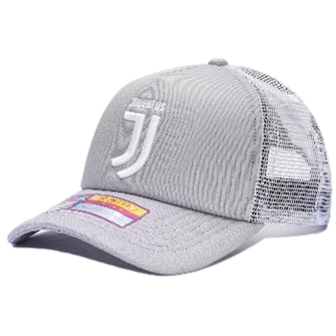 A grey corduroy and mesh trucker hat with a white embroidered Juventus F.C. logo. It features a sticker on the brim and is shown against a black background.