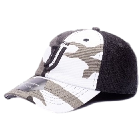 A Juventus baseball cap featuring a white and grey camouflage front and brim, a black stylized "J" logo, and a dark grey mesh back.