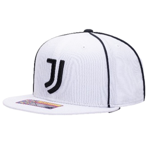 A white flat-brimmed baseball cap featuring a black Juventus "J" logo on the front and black piping along the crown seams.