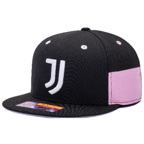 Black snapback cap featuring a white stylized 'J' logo on the front, a pink side panel, and a flat brim with a colorful sticker.