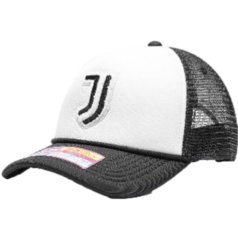 A white and black trucker cap with a stylized black "J" logo on the front, black mesh back, and a curved black brim.