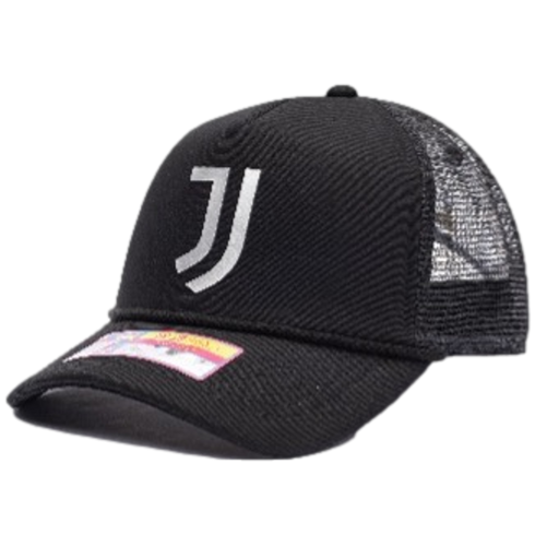 Black trucker hat with a mesh back and a large white stylized "JJ" logo on the front. A rectangular sticker is on the brim.