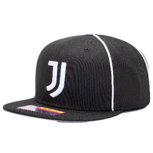 A black flat-brimmed baseball cap featuring a white stylized "J" logo on the front and white piping along the seams.