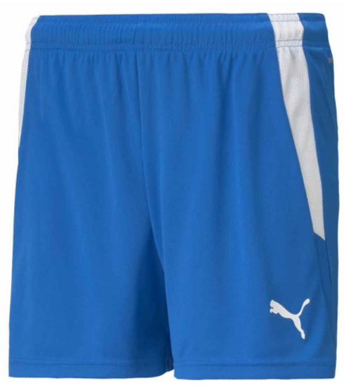 Royal blue Puma athletic shorts with white mesh side panels and a white Puma logo on the lower left leg.