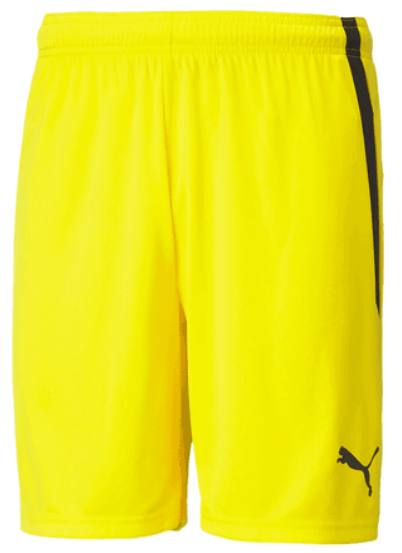 Bright yellow soccer shorts featuring an elastic waistband, a black side stripe, and a black Puma logo on the lower left leg.