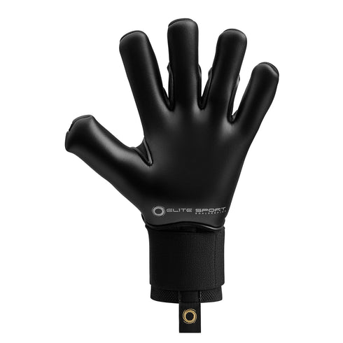 A single all-black Elite Sport goalkeeper glove with a smooth palm and elastic wrist strap, shown against a plain white background.