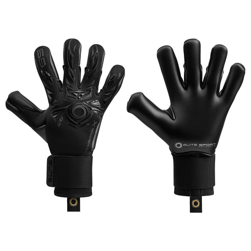 Front and back views of black Elite Sport goalkeeper gloves with a 3D textured backhand design, smooth latex palms, and thick wrist straps.