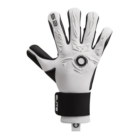 White and black Elite Sport soccer goalkeeper glove with a textured backhand and branded wrist strap.