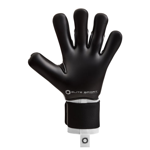 Black soccer goalkeeper glove palm side with white wrist strap details and Elite Sport logo on a white background.