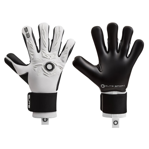 Front and back view of Elite Sport goalkeeper gloves. One features a white textured backhand and the other a solid black palm, both with thick black wrist straps.