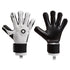 Front and back view of Elite Sport goalkeeper gloves. One features a white textured backhand and the other a solid black palm, both with thick black wrist straps.