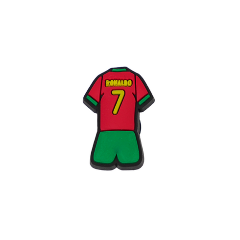 A Soccer Croc Charm shaped like a red and green Portugal soccer uniform, featuring the name "RONALDO" and the number "7" in yellow on the back of the jersey.
