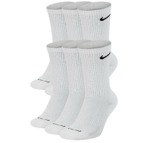 Six white Nike crew socks with black swoosh logos on the ankles and "DRI-FIT" printed on the toes, arranged in two rows of three.