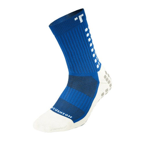 A single Trusox 3.0 Cushioned Mid Calf Grip Crew Sock in blue, featuring a ribbed upper with white accents, a white toe with branding, and distinctive non-slip grip pads on the white heel and sole.