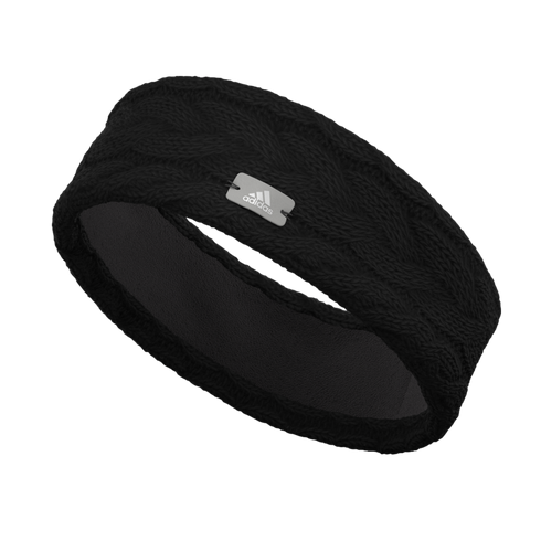 Black cable-knit Adidas headband with a soft fleece lining and a small silver metal logo tag.