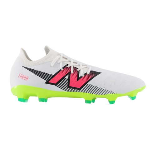 White New Balance Furon soccer cleat with a pink and black "N" logo and a lime green sole.