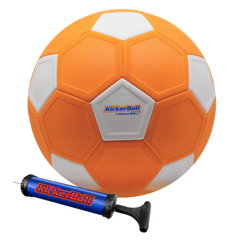 An orange and white Swerve Sports Kickerball soccer ball shown with its included blue hand pump.