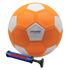 An orange and white Swerve Sports Kickerball soccer ball shown with its included blue hand pump.