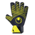 Uhlsport Prediction Starter Soft Goalkeeper Gloves in black with neon yellow accents, featuring a grid pattern on the fingers and backhand, a central circular logo, and a branded yellow and black wrist strap.
