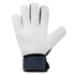The palm side of a white Uhlsport Prediction Starter Soft Goalkeeper Glove with a dark blue wrist strap, shown against a black background.