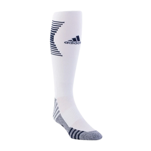 A white Adidas knee-high athletic sock with black stripes and logo on the leg, and grey marl reinforcement at the heel and toe.