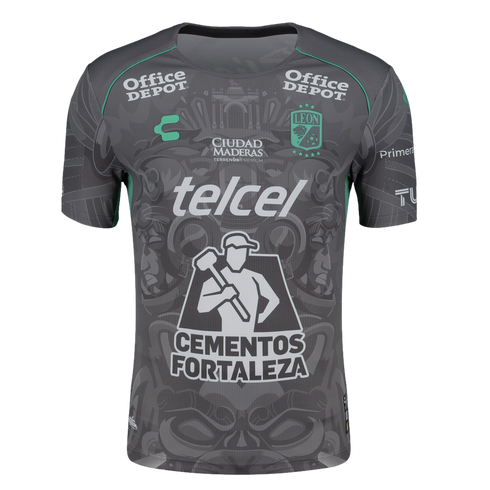 A grey Club León soccer jersey with teal accents and various sponsor logos, including Office Depot, Telcel, and Cementos Fortaleza, over a sublimated pattern.