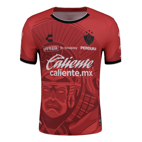Red Atlas FC soccer jersey featuring a large warrior graphic, club crest, and sponsor logos including Caliente.mx and URREA.