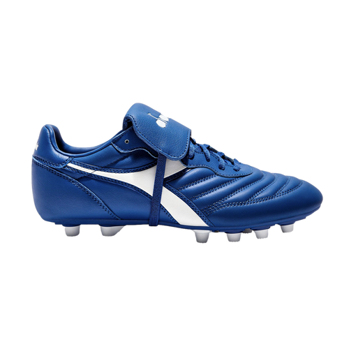 Blue Diadora soccer cleat with white side stripes and studs, featuring a fold-over tongue and quilted leather upper.